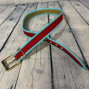 Talbots Red Linen Teal Leather Trim Gold Hardware Preppy Coastal Nautical Belt M